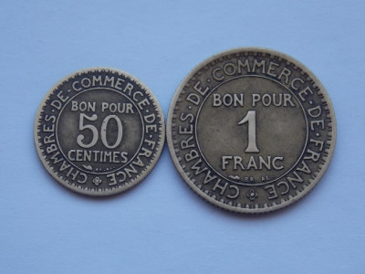 LOT 2 MONEDE 50 CENTIMES, 1 FRANC - 1923 FRANTA foto