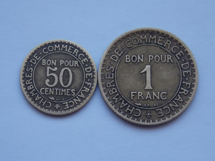 LOT 2 MONEDE 50 CENTIMES, 1 FRANC - 1923 FRANTA
