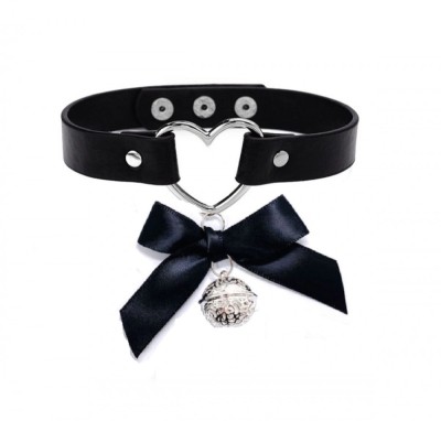 Choker Heart cu Fundita si Clopotel, Negru, Mokko Toys foto