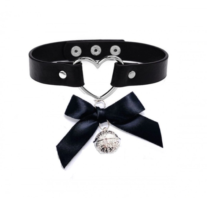 Choker Heart cu Fundita si Clopotel, Negru, Mokko Toys