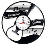 Ceas de perete din disc vinil, Tematică Muzică, Design Chitară Acustică și Note Muzicale, Negru, 30 cm