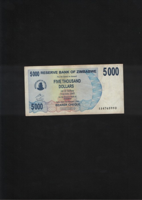 Zimbabwe 5000 dollari dollars 2007 seria4765993