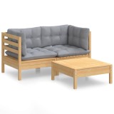 Set mobilier de gradina cu perne gri, 3 piese, lemn masiv pin