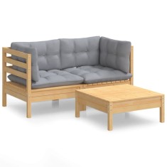Set mobilier de gradina cu perne gri, 3 piese, lemn masiv pin