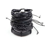 Cumpara ieftin Set 6 bratari cu multiple straturi JustZEN SmartBlack pentru barbati din piele naturala neagra inchidere ajustabila