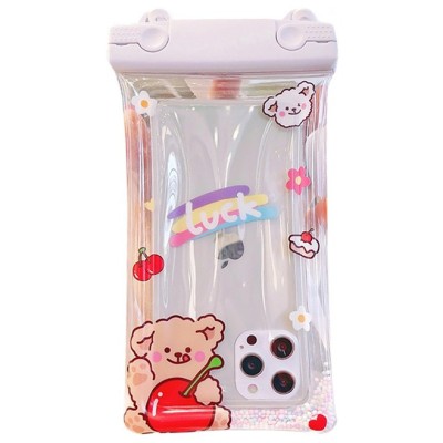 Husa subacvatica fruity waterproof flippy, snowproof, universala, impermeabila, cu snur, pentru telefon sau documente, cherry bear, alb foto
