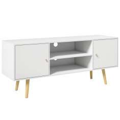 HOMCOM Cabinet TV 55&quot; cu 2 Dulapuri, Uși și 2 Rafturi Deschise, Consolă TV din Lemn și PAL, 120x34x50 cm, Alb | Aosom Romania