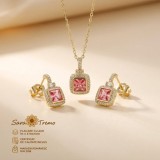 Set Safir Roz Regal , cercei, pandantiv E i lant placate cu aur 14K