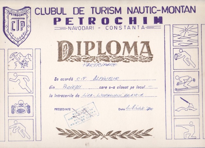 bnk div - Diploma Clubul Turism nautic-montan Petrochim Navodari 1990