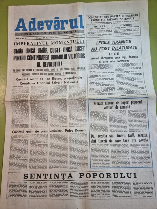 ziarul adevarul 27 decembrie 1989 - revolutia romana