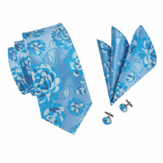 Set cravata + batista + butoni matase naturala model albastru 1393 foto