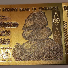 Bancnota Zimbabwe 100.000.000.000.000 Dolari 2008 - Fantezie cu folie aur de 24K
