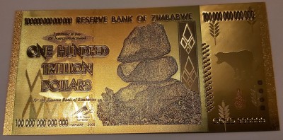 Bancnota Zimbabwe 100.000.000.000.000 Dolari 2008 - Fantezie cu folie aur de 24K foto