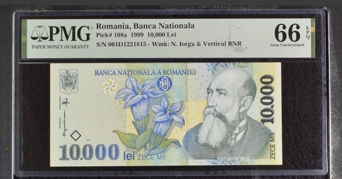 10000 lei 1999 PMG66 UNC bancnota gradata