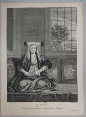 NOVI OU FILLE GRECQUE DANS LA CEREMONIE DU MARIAGE , GRAVURA ORIGINALA PE METAL de G. SCOTIN , MONOCROMA, , 1714 foto