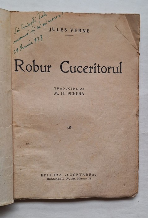 Jules Verne &ndash; Robur cuceritorul, Editura &bdquo;Cugetarea&rdquo;, București, c.1938 &ndash; copertă ilustrată