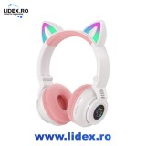 Casti Wireless Copii cu Urechi de Pisica, Pliabile, LED-uri RGB Distractive, Vala STN-26 PREMIUM, Bluetooth, Microfon, Radio FM, Slot card, Functie pr