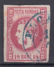 ROMANIA 1868 LP 24 REGELE CAROL I CU FAVORITI 18 BANI ROSU STAMPILAT PLOIESTI
