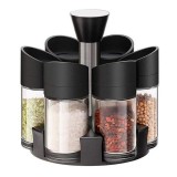 Set 6 recipiente pentru condimente, cu suport rotativ, din ABS, dimensiuni 18x16x12cm, alb/negru