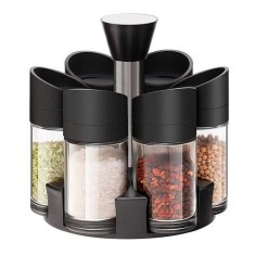 Set 6 recipiente pentru condimente, cu suport rotativ, din ABS, dimensiuni 18x16x12cm, alb/negru