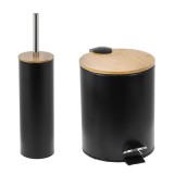 Set accesorii de baie, 2 piese, perie WC si cos de gunoi, Metal/Bambus, Negru/Bej