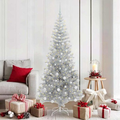 vidaXL Brad de Crăciun cu 300 LED cu suport Argintiu 180 cm PET 3396677 foto