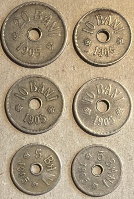 ROMANIA REGALISTA 1905-1906 LOT SASE(6) MONEDE 5, 10 si 20 BANI CU ,,J&amp;quot; SI BRUSSELS foto