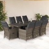 Set bistro de grădină cu perne, 9 piese, gri, poliratan