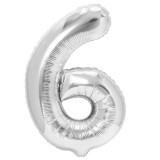 Balon din folie metalizata flippy, figurina cifra, tema aniversare 40 cm, ambalaj individual, pai inclus, umflare cu aer sau heliu, argintiu, cifra 6