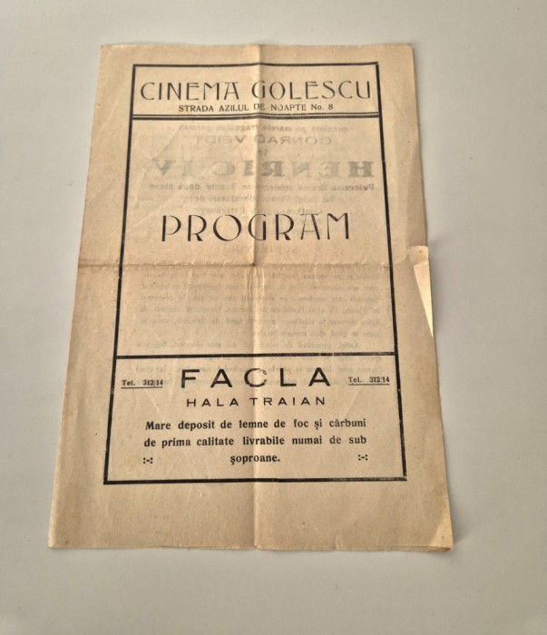 Carte veche Program Cinema Golescu Bucuresti Pliant