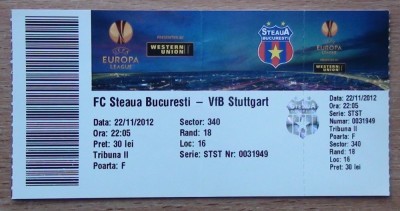Bilet Steaua București - Stuttgart Germania 2012 foto