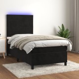 Gossi pat cu arcuri, saltea si led, negru, 90x190 cm, catifea