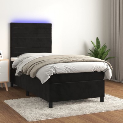 vidaXL Pat cu arcuri, saltea și LED, negru, 90x190 cm, catifea 3136157 foto