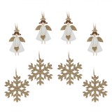 Set Ornamente Brad, Ingeri si Fulgi, Lemn, Alb si Auriu, 8 Bucăți, Oem