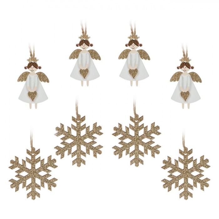 Set Ornamente Brad, Ingeri si Fulgi, Lemn, Alb si Auriu, 8 Bucăți
