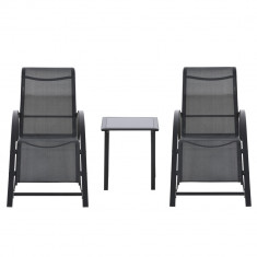 Outsunny Set 2 sezlonguri si masuta cu blat din sticla, sezlong pentru gradina din material respirabil si metal, 59x169x66 cm, negru