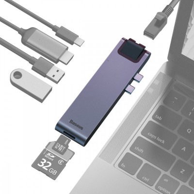 Baseus Multifunctional HUB 7in1 USB C Thunderbolt Docking Station (MacBook Pro 2016 / 2017 / 2018) Gray CAHUB-L0G foto