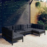 Cumpara ieftin Set mobilier grădină cu perne, 6 piese, negru, lemn masiv pin