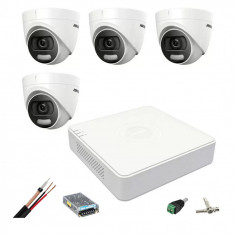 Sistem de supraveghere Hikvision 4 camere interior 5MP ColorVU, lumina alba 20m, DVR 4 canale TurboHD, accesorii