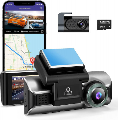 Camera auto DVR AZDOME M550Pro, Dubla, 4K, WiFi, GPS ,5GHz, WDR, G-Sensor, Mod parcare, Card 64Gb inclus foto