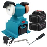 Cumpara ieftin Polizor de banc albastru 21 x 17 x 13 cm, cu acumulator, 2 baterii 3000mAh, 2 discuri 70 mm, 0-6000 RPM, pentru ascutire si slefuire