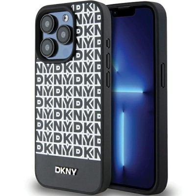 Husa MagSafe pentru Apple iPhone 15 Pro, DKNY, Printed Pattern Metal Logo, Neagra foto