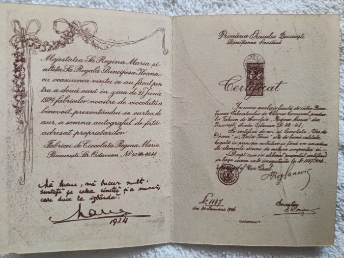 Reclama , act punere piatra fundamentala la Fabrica de Ciocolata ,iunie 1924 , cu prezenta Reginei Maria.CIOCOLATA REGINA MARIA