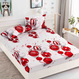 Husa de pat cu elastic de Craciun,alba cu globuri rosii 180x200cm D050