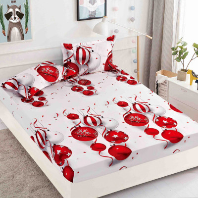 Husa de pat cu elastic de Craciun,alba cu globuri rosii 180x200cm D050 foto