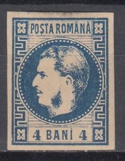 ROMANIA 1868 LP 23 REGELE CAROL I CU FAVORITI 4 BANI ALBASTRU GUMA ORIGINALA SARNIERA