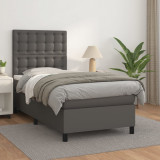 Cumpara ieftin Pat box spring cu saltea, gri, 90x200 cm, piele ecologică