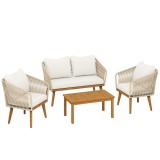 Outsunny Set mobilier grădină 4 piese lounge polyrattan cu canapea 2 locuri, 2 fotolii, masă din lemn de acacia cu lamele, perne groase lavabile | Aos