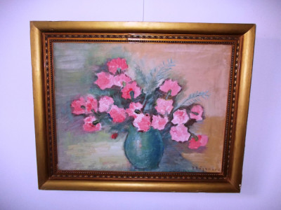 Dan BAJENARU (1900-1988) &amp;quot;Vas cu flori roz&amp;quot;, ulei panza, 77x62 cm foto