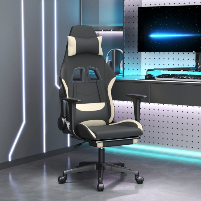 vidaXL Scaun de gaming cu masaj/suport picioare, negru și crem, textil